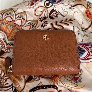 Ralph Lauren Cognac Brown Pebbled Leather Zip Card Wallet